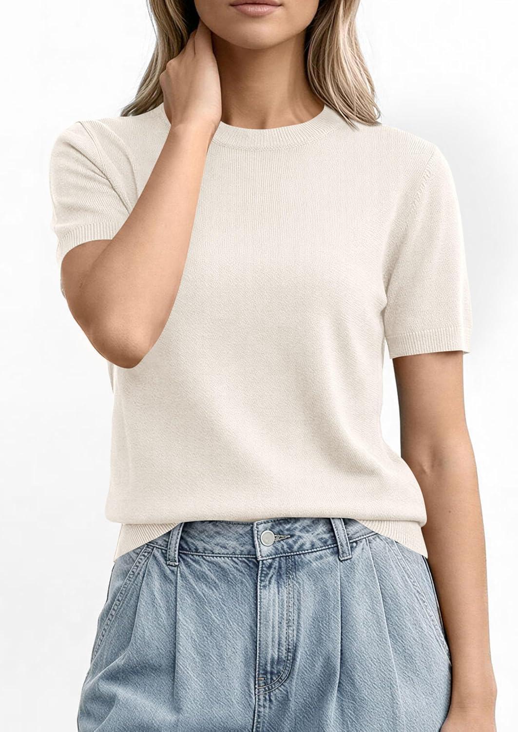 imagePRETTYGARDEN Womens Short Sleeve Sweaters 2026 Spring Crew Neck Knit Work Shirts Business Casual Tops Summer Fashion ClothesWhite