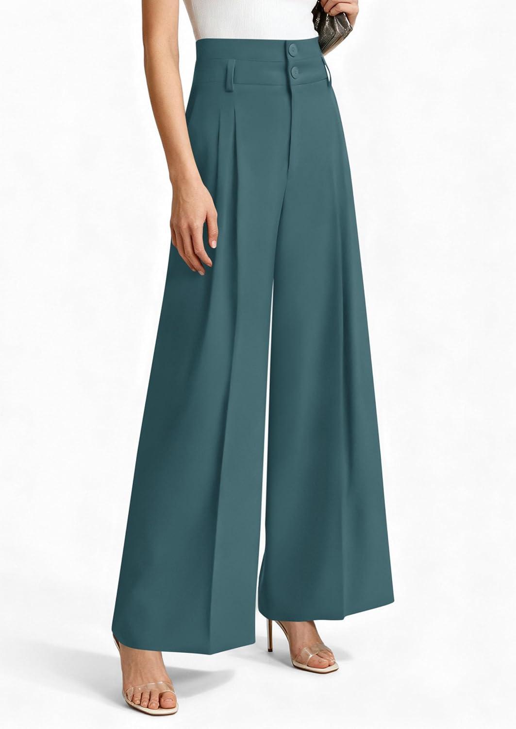 imagePRETTYGARDEN Womens Spring Wide Leg Palazzo Pants 2026 Trendy Loose Button High Waist Pleated Work Business Casual TrousersBlue Green