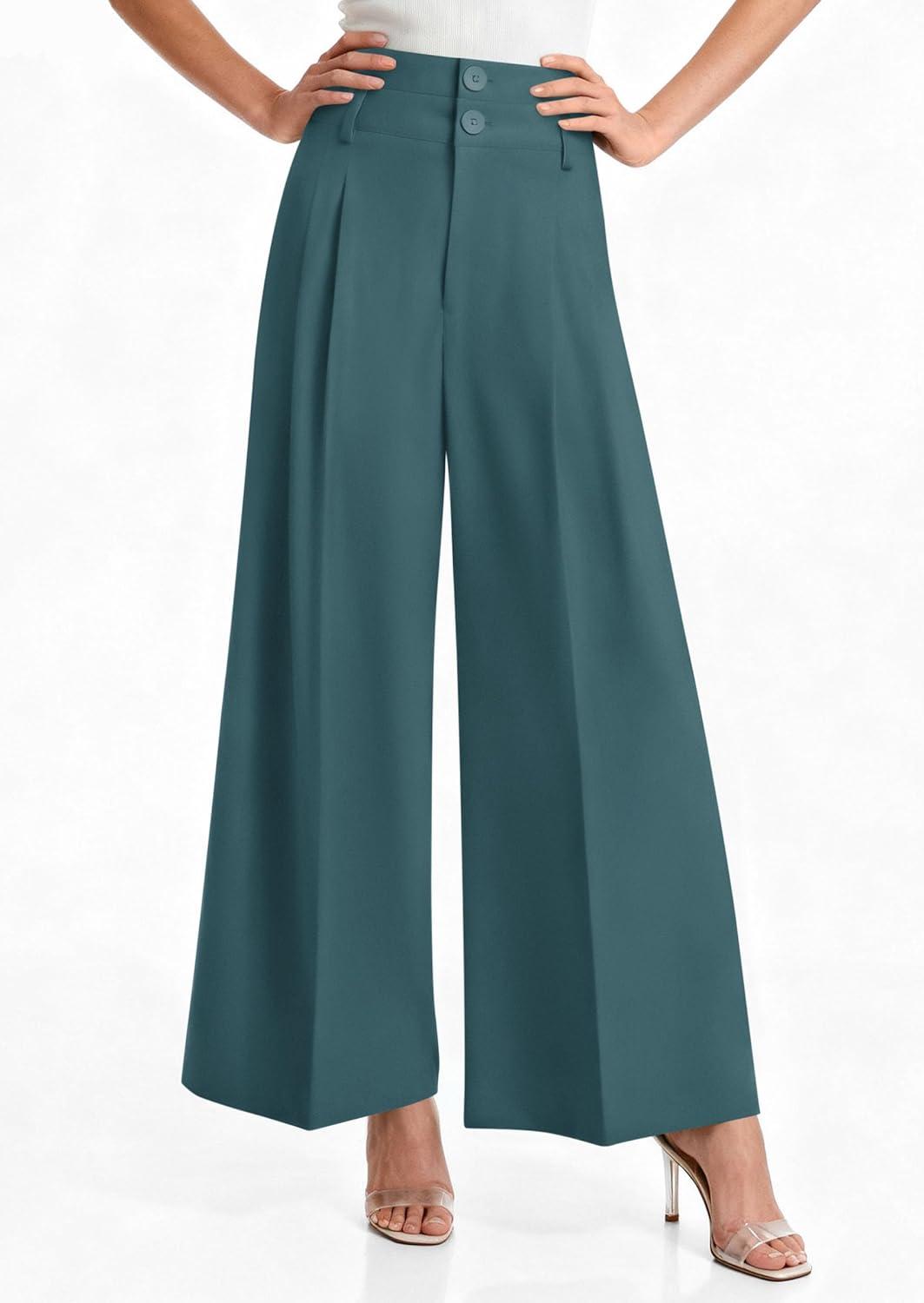 imagePRETTYGARDEN Womens Spring Wide Leg Palazzo Pants 2026 Trendy Loose Button High Waist Pleated Work Business Casual TrousersBlue Green