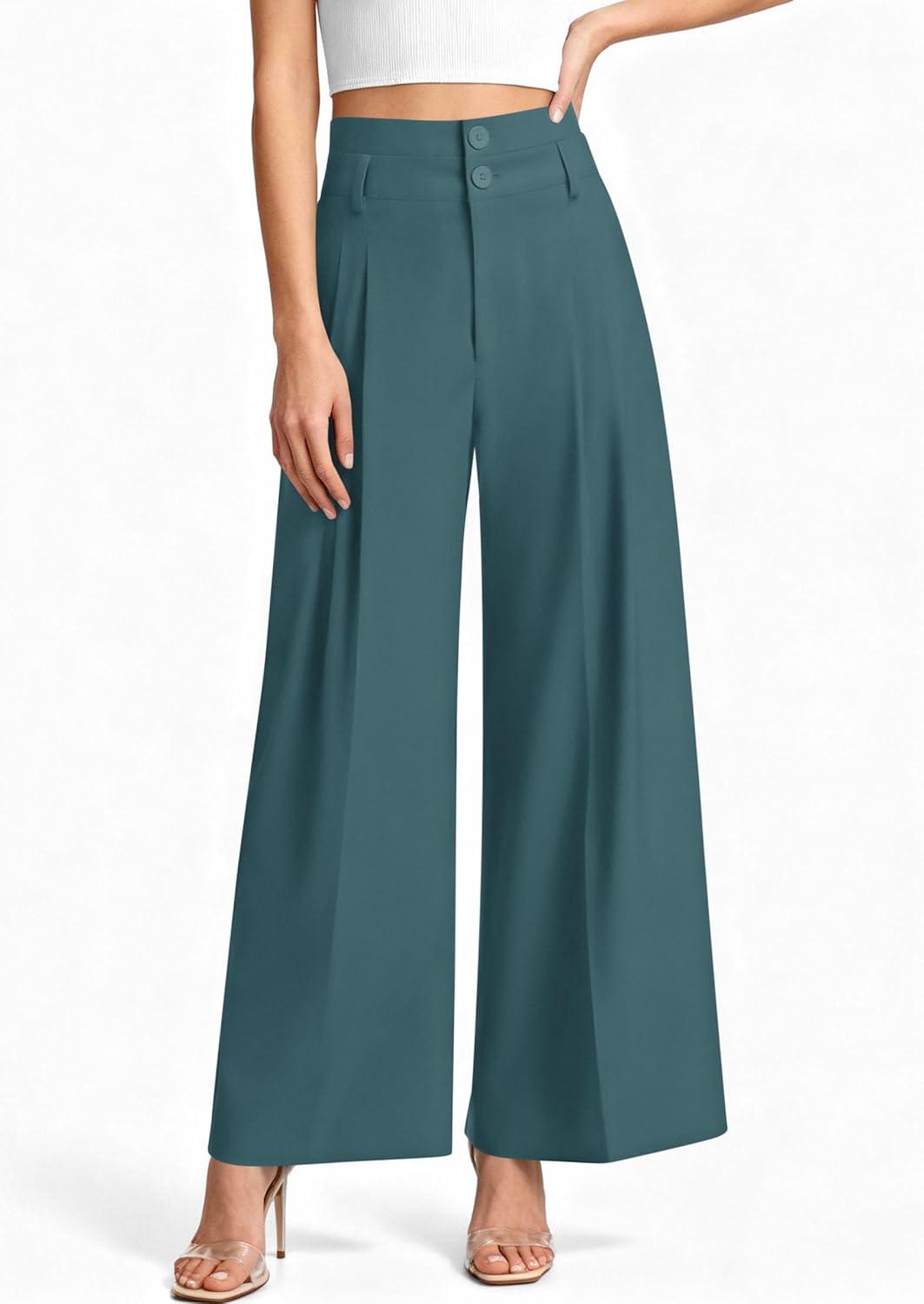 imagePRETTYGARDEN Womens Spring Wide Leg Palazzo Pants 2026 Trendy Loose Button High Waist Pleated Work Business Casual TrousersBlue Green