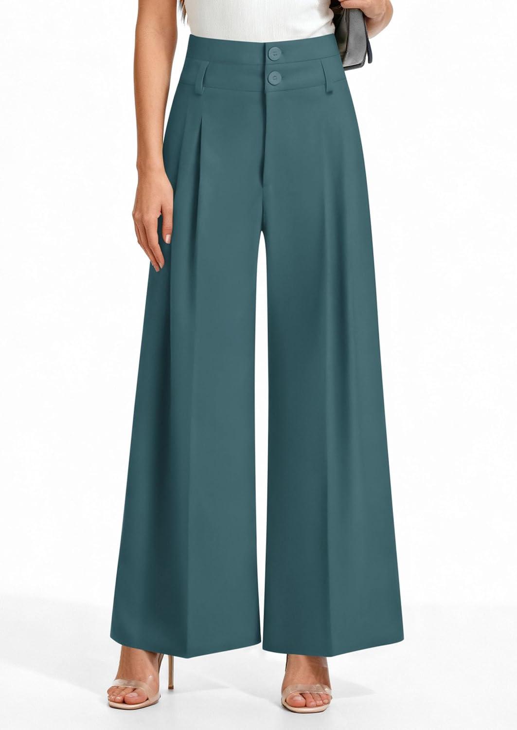 imagePRETTYGARDEN Womens Spring Wide Leg Palazzo Pants 2026 Trendy Loose Button High Waist Pleated Work Business Casual TrousersBlue Green