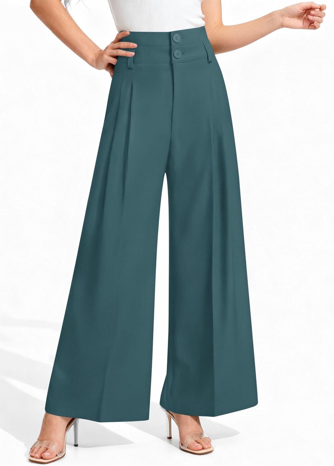 imagePRETTYGARDEN Womens Spring Wide Leg Palazzo Pants 2026 Trendy Loose Button High Waist Pleated Work Business Casual TrousersBlue Green