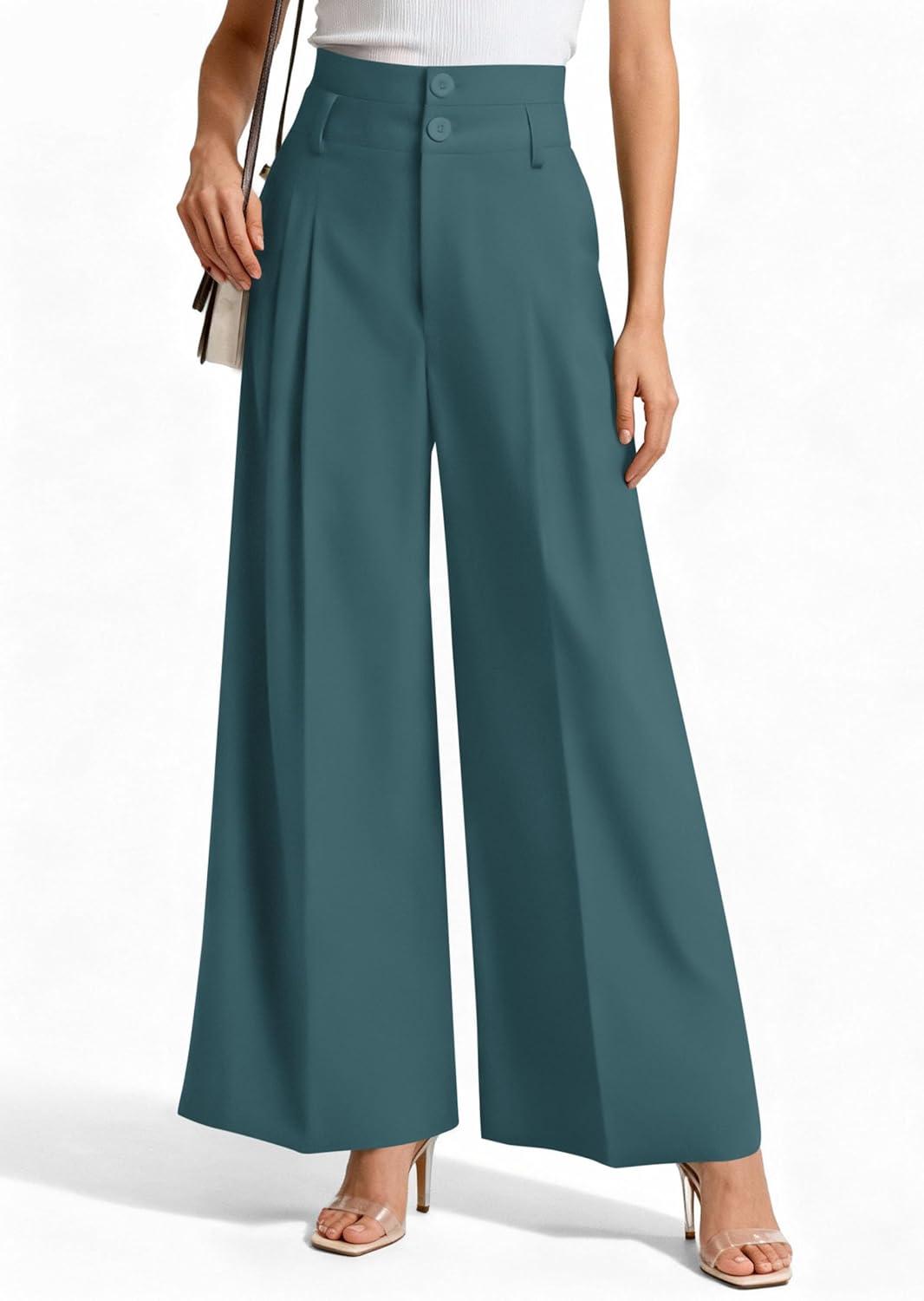 imagePRETTYGARDEN Womens Spring Wide Leg Palazzo Pants 2026 Trendy Loose Button High Waist Pleated Work Business Casual TrousersBlue Green
