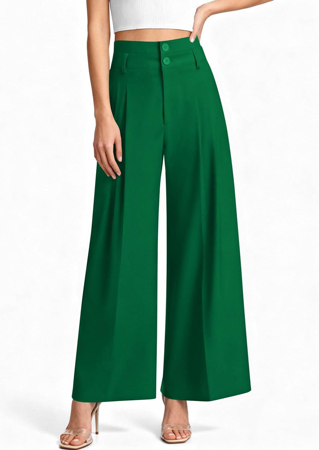 imagePRETTYGARDEN Womens Spring Wide Leg Palazzo Pants 2026 Trendy Loose Button High Waist Pleated Work Business Casual TrousersGreen