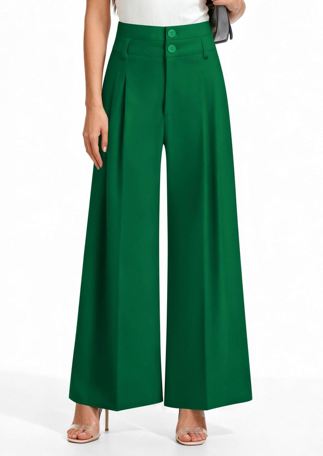 imagePRETTYGARDEN Womens Spring Wide Leg Palazzo Pants 2026 Trendy Loose Button High Waist Pleated Work Business Casual TrousersGreen