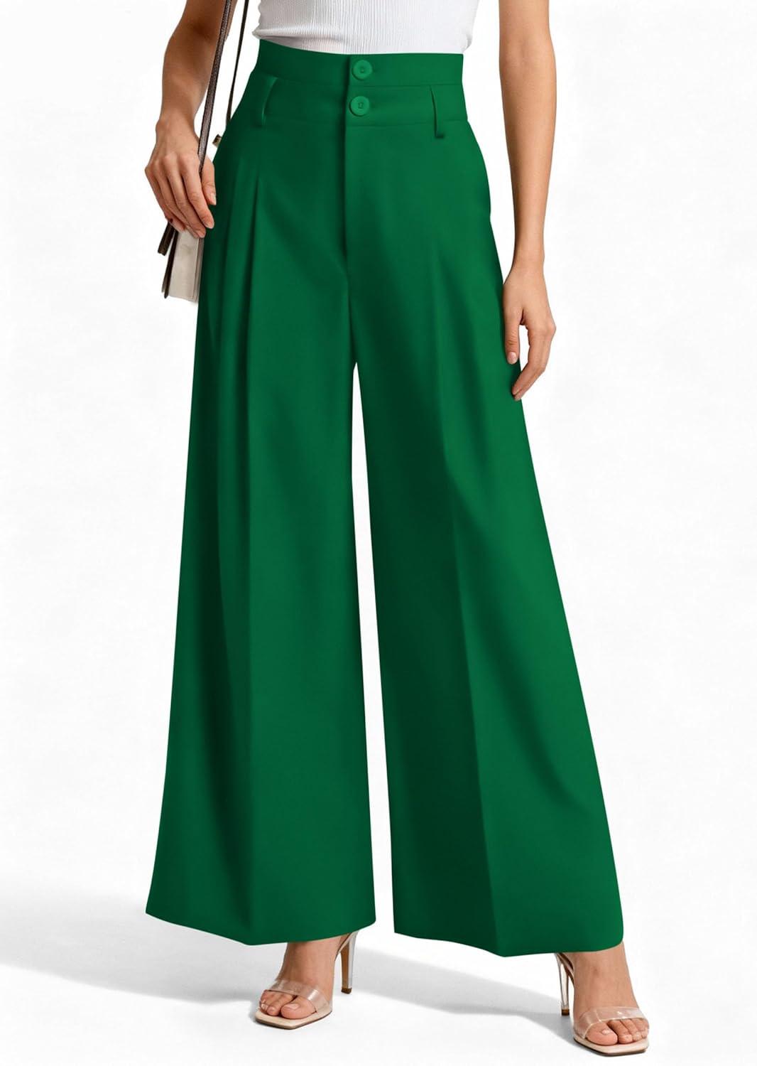 imagePRETTYGARDEN Womens Spring Wide Leg Palazzo Pants 2026 Trendy Loose Button High Waist Pleated Work Business Casual TrousersGreen
