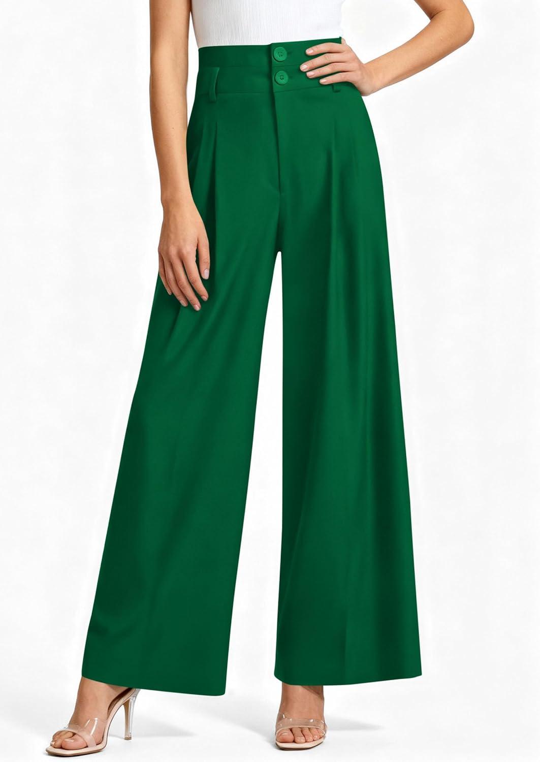 imagePRETTYGARDEN Womens Spring Wide Leg Palazzo Pants 2026 Trendy Loose Button High Waist Pleated Work Business Casual TrousersGreen