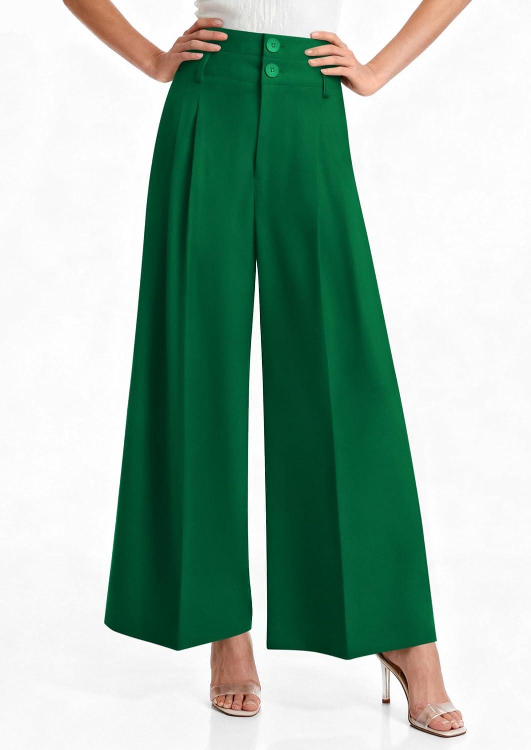 imagePRETTYGARDEN Womens Spring Wide Leg Palazzo Pants 2026 Trendy Loose Button High Waist Pleated Work Business Casual TrousersGreen