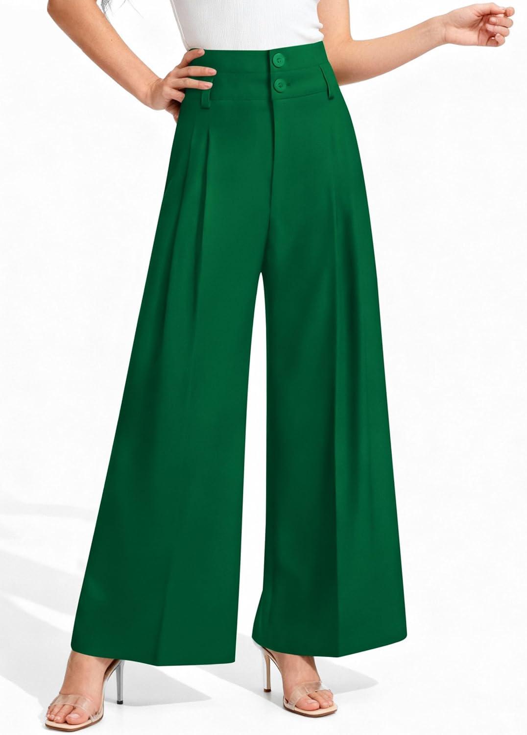 imagePRETTYGARDEN Womens Spring Wide Leg Palazzo Pants 2026 Trendy Loose Button High Waist Pleated Work Business Casual TrousersGreen