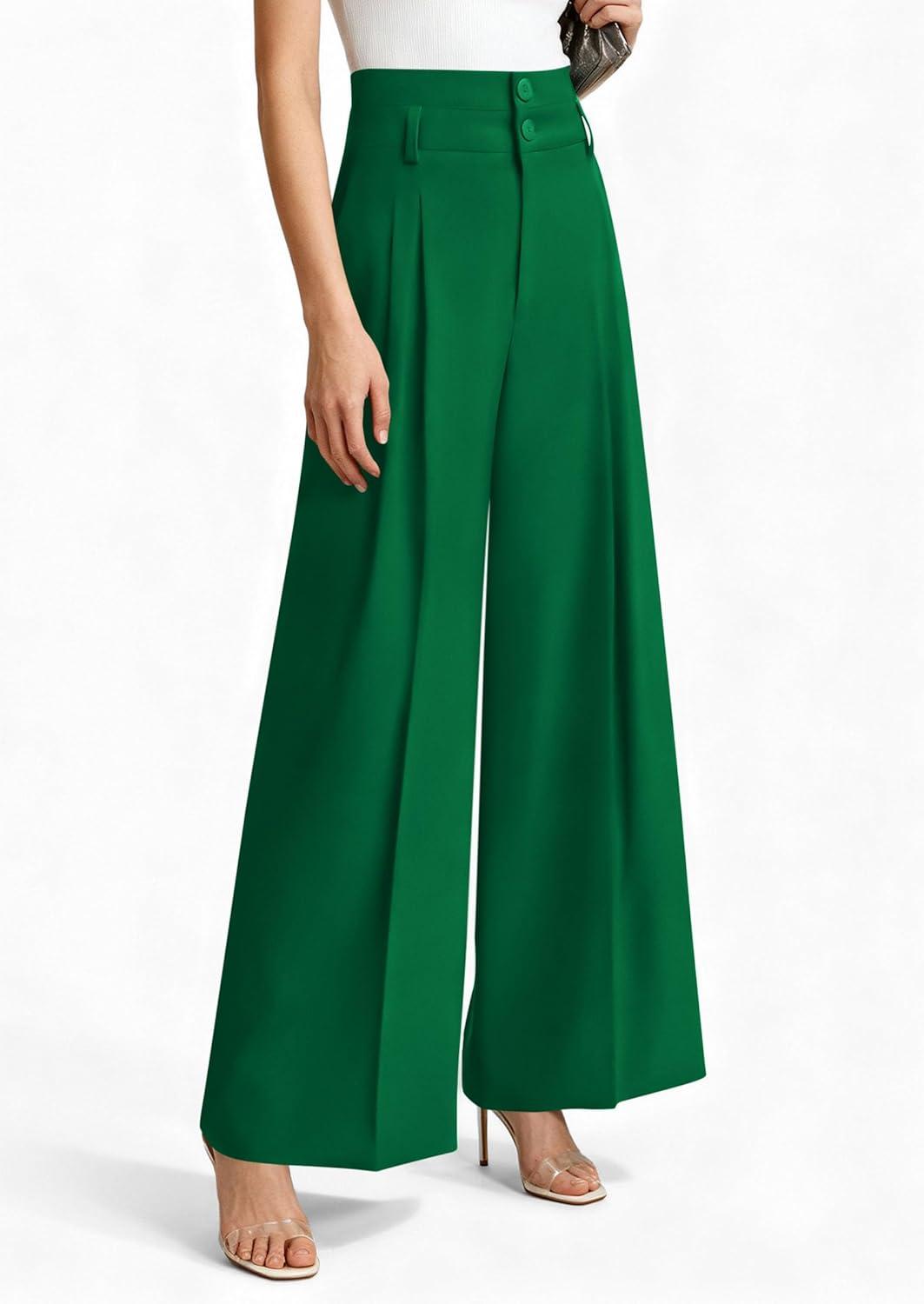 imagePRETTYGARDEN Womens Spring Wide Leg Palazzo Pants 2026 Trendy Loose Button High Waist Pleated Work Business Casual TrousersGreen