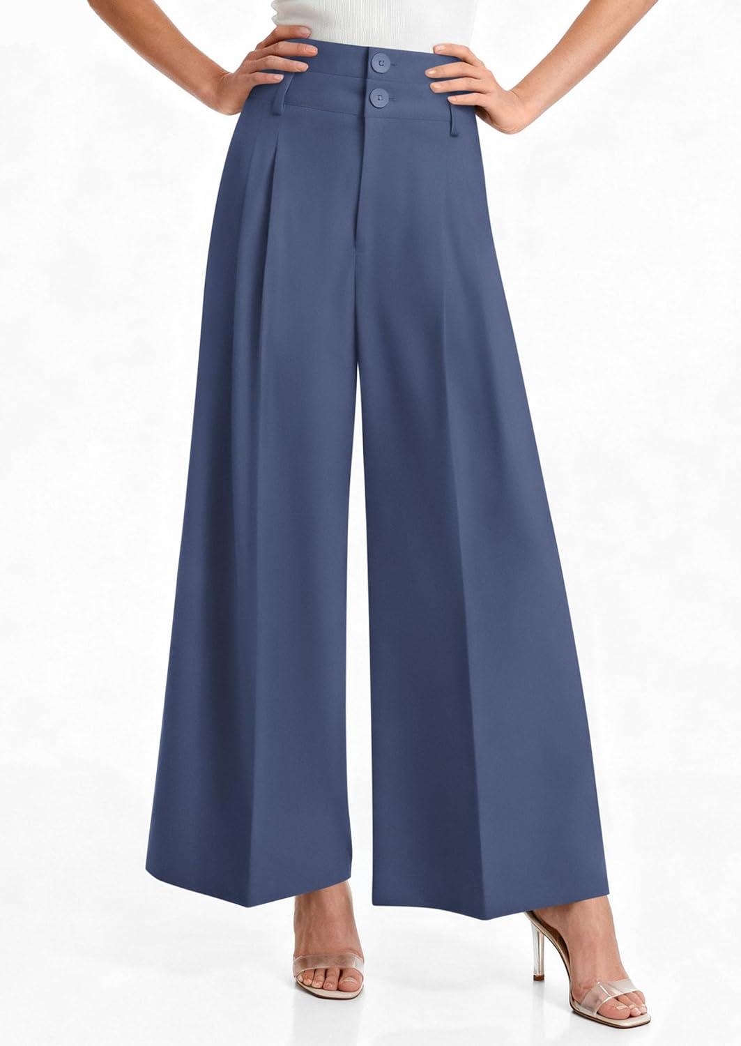 imagePRETTYGARDEN Womens Spring Wide Leg Palazzo Pants 2026 Trendy Loose Button High Waist Pleated Work Business Casual TrousersGrey Blue