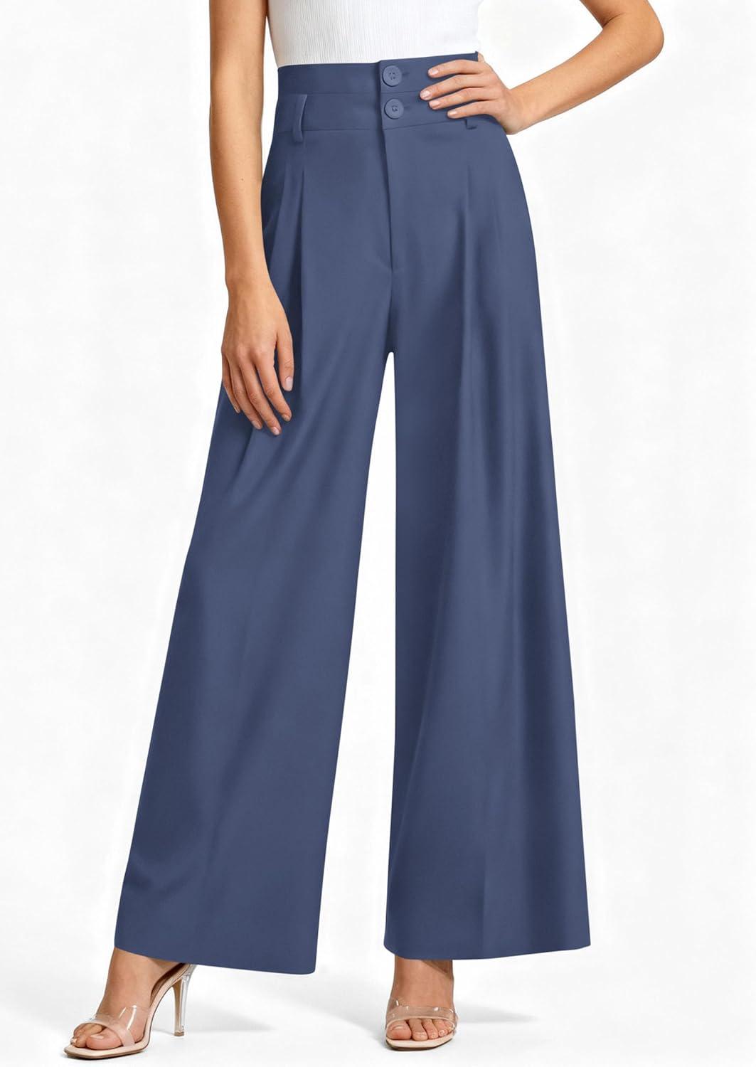 imagePRETTYGARDEN Womens Spring Wide Leg Palazzo Pants 2026 Trendy Loose Button High Waist Pleated Work Business Casual TrousersGrey Blue