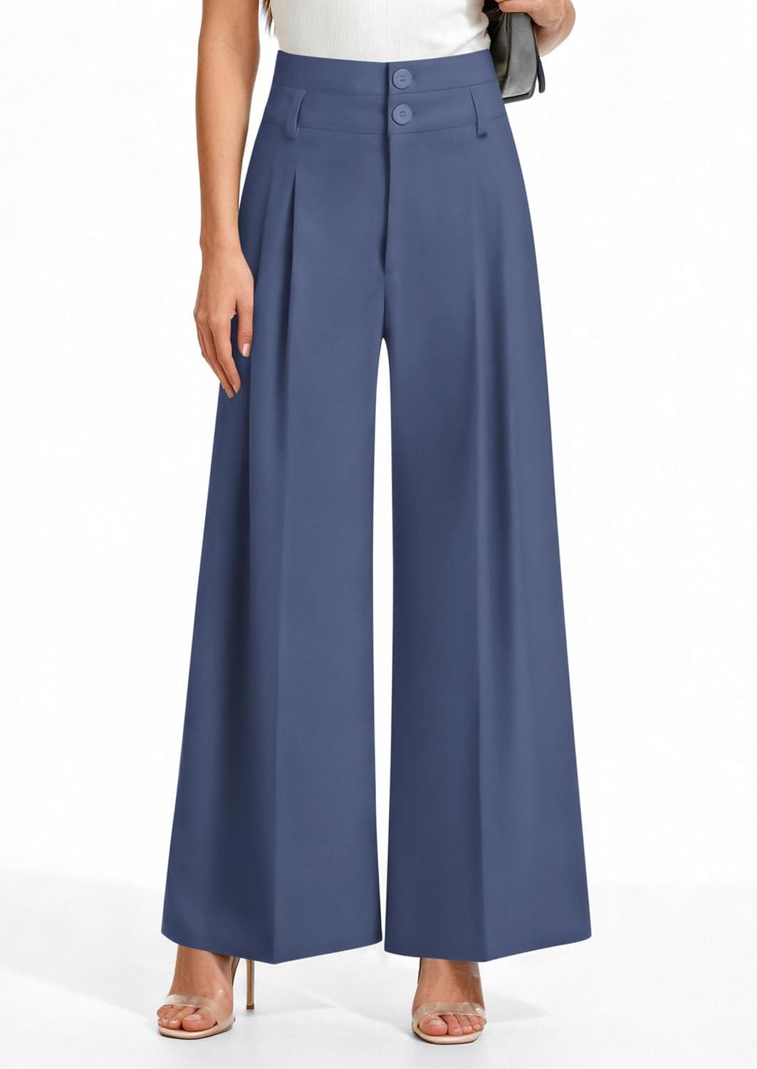 imagePRETTYGARDEN Womens Spring Wide Leg Palazzo Pants 2026 Trendy Loose Button High Waist Pleated Work Business Casual TrousersGrey Blue