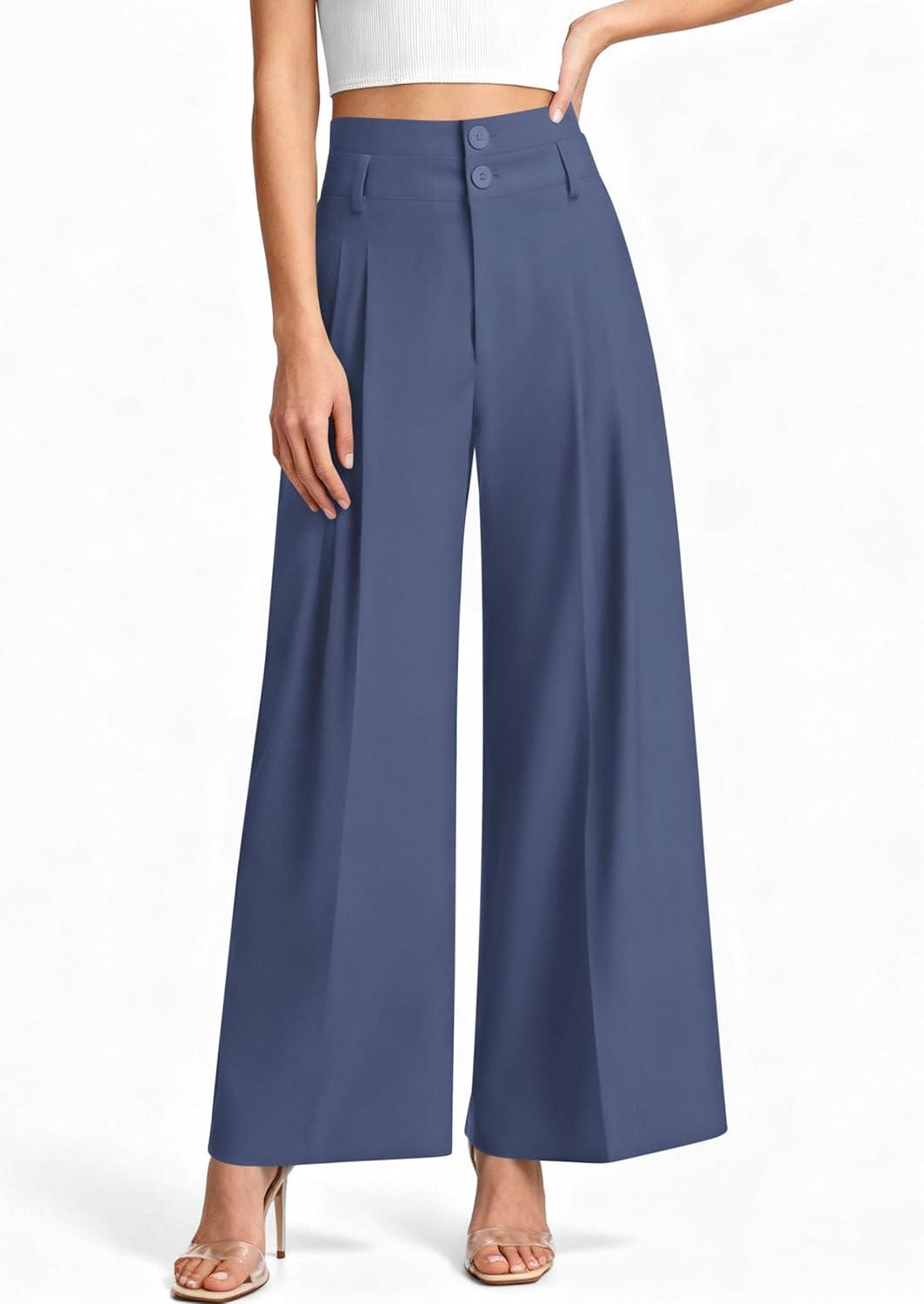 imagePRETTYGARDEN Womens Spring Wide Leg Palazzo Pants 2026 Trendy Loose Button High Waist Pleated Work Business Casual TrousersGrey Blue