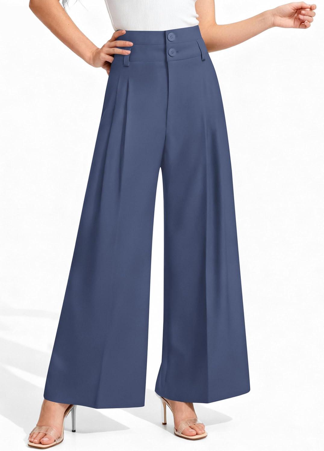 imagePRETTYGARDEN Womens Spring Wide Leg Palazzo Pants 2026 Trendy Loose Button High Waist Pleated Work Business Casual TrousersGrey Blue