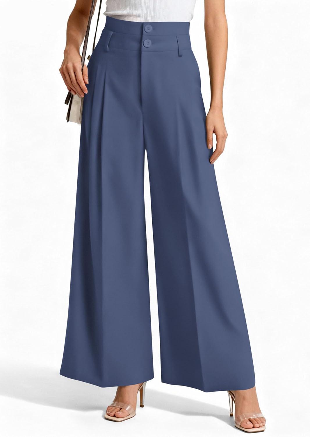 imagePRETTYGARDEN Womens Spring Wide Leg Palazzo Pants 2026 Trendy Loose Button High Waist Pleated Work Business Casual TrousersGrey Blue