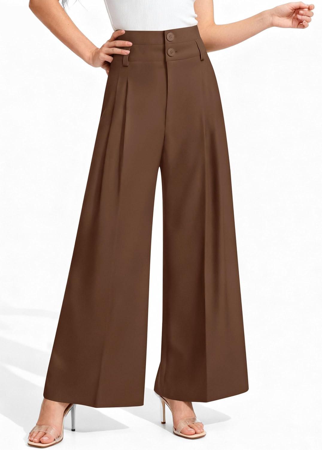imagePRETTYGARDEN Womens Spring Wide Leg Palazzo Pants 2026 Trendy Loose Button High Waist Pleated Work Business Casual TrousersLight Brown