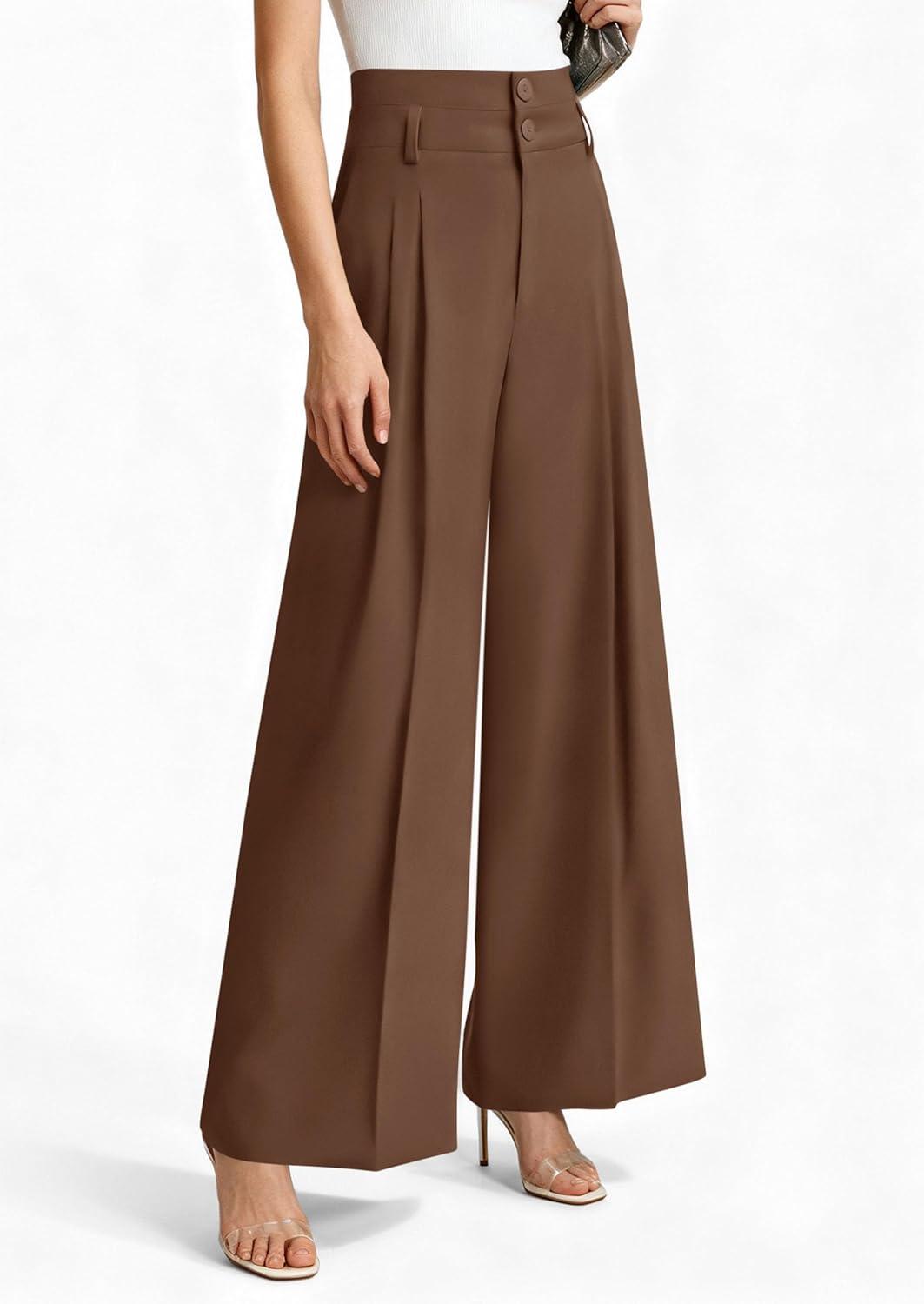 imagePRETTYGARDEN Womens Spring Wide Leg Palazzo Pants 2026 Trendy Loose Button High Waist Pleated Work Business Casual TrousersLight Brown