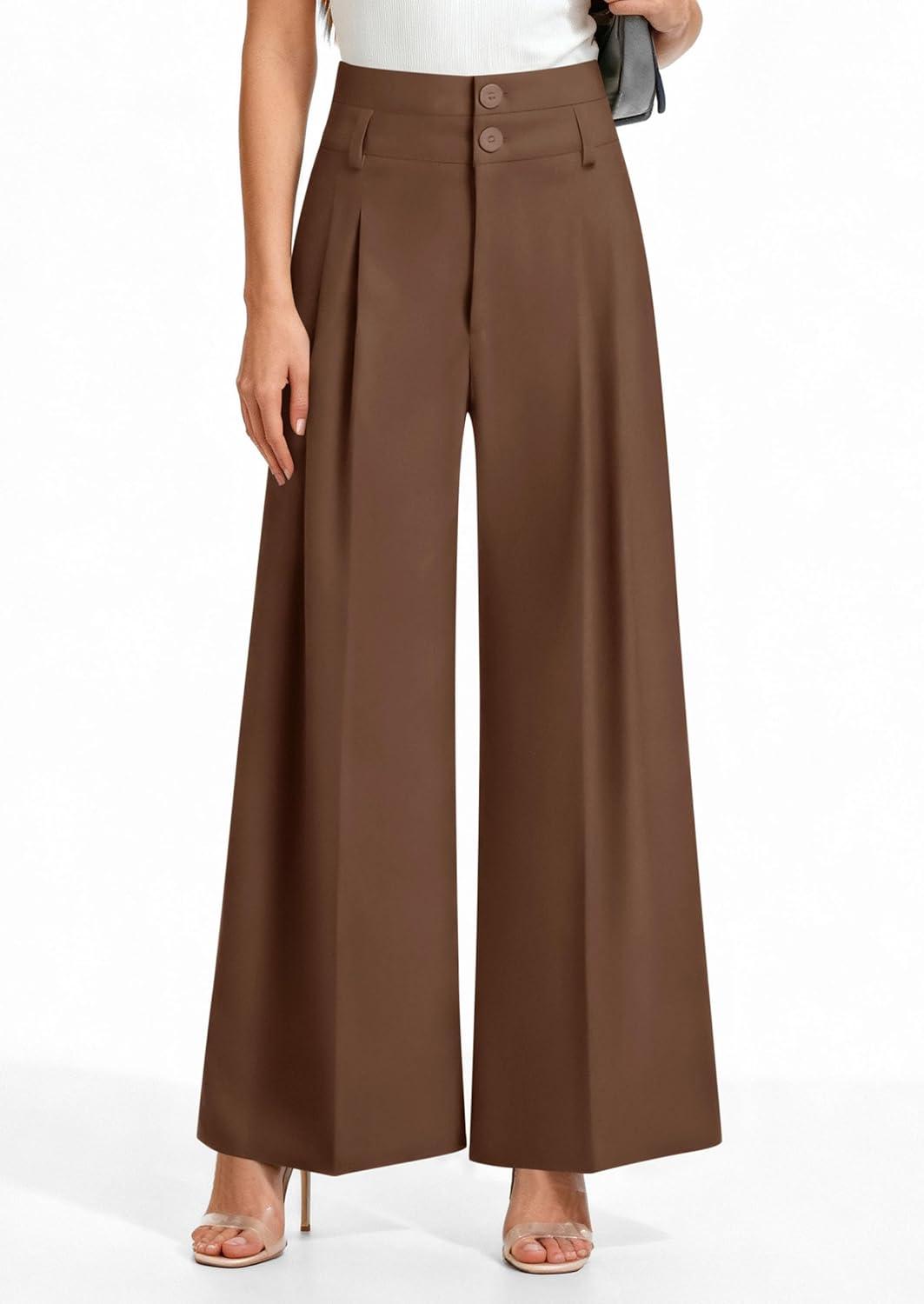imagePRETTYGARDEN Womens Spring Wide Leg Palazzo Pants 2026 Trendy Loose Button High Waist Pleated Work Business Casual TrousersLight Brown