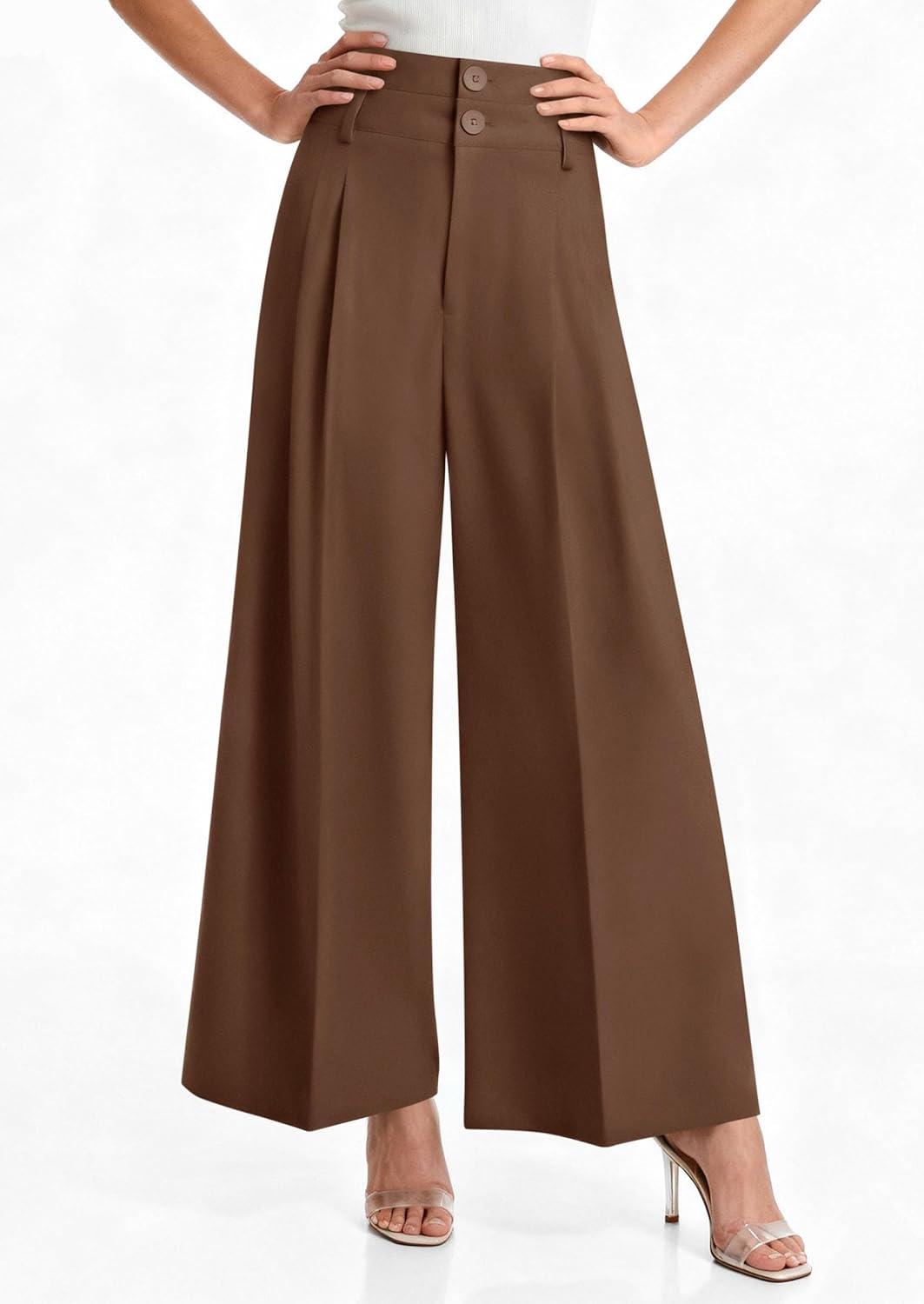imagePRETTYGARDEN Womens Spring Wide Leg Palazzo Pants 2026 Trendy Loose Button High Waist Pleated Work Business Casual TrousersLight Brown