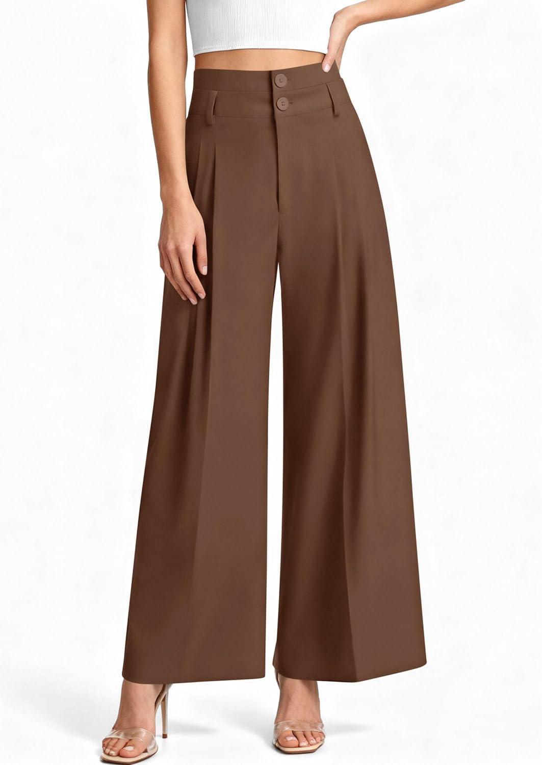 imagePRETTYGARDEN Womens Spring Wide Leg Palazzo Pants 2026 Trendy Loose Button High Waist Pleated Work Business Casual TrousersLight Brown