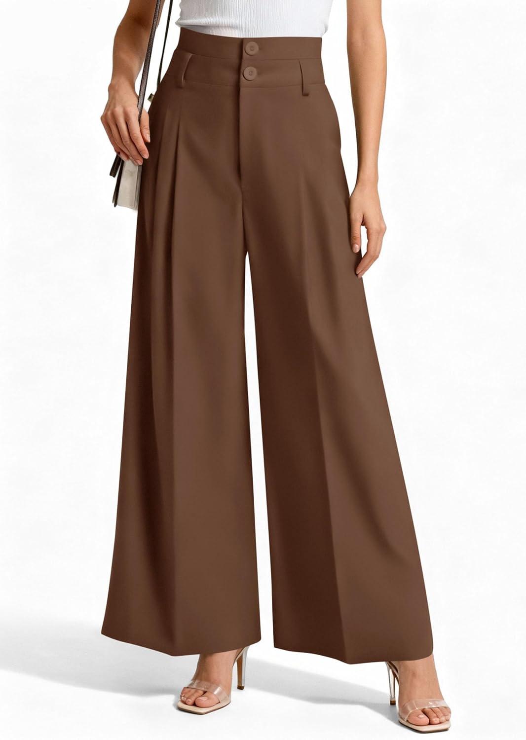 imagePRETTYGARDEN Womens Spring Wide Leg Palazzo Pants 2026 Trendy Loose Button High Waist Pleated Work Business Casual TrousersLight Brown