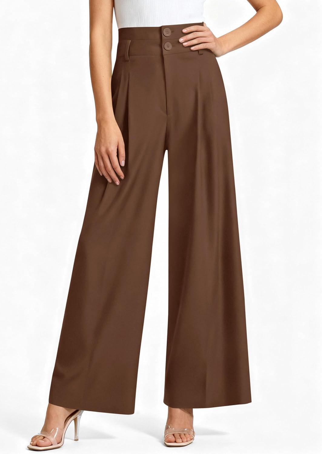 imagePRETTYGARDEN Womens Spring Wide Leg Palazzo Pants 2026 Trendy Loose Button High Waist Pleated Work Business Casual TrousersLight Brown