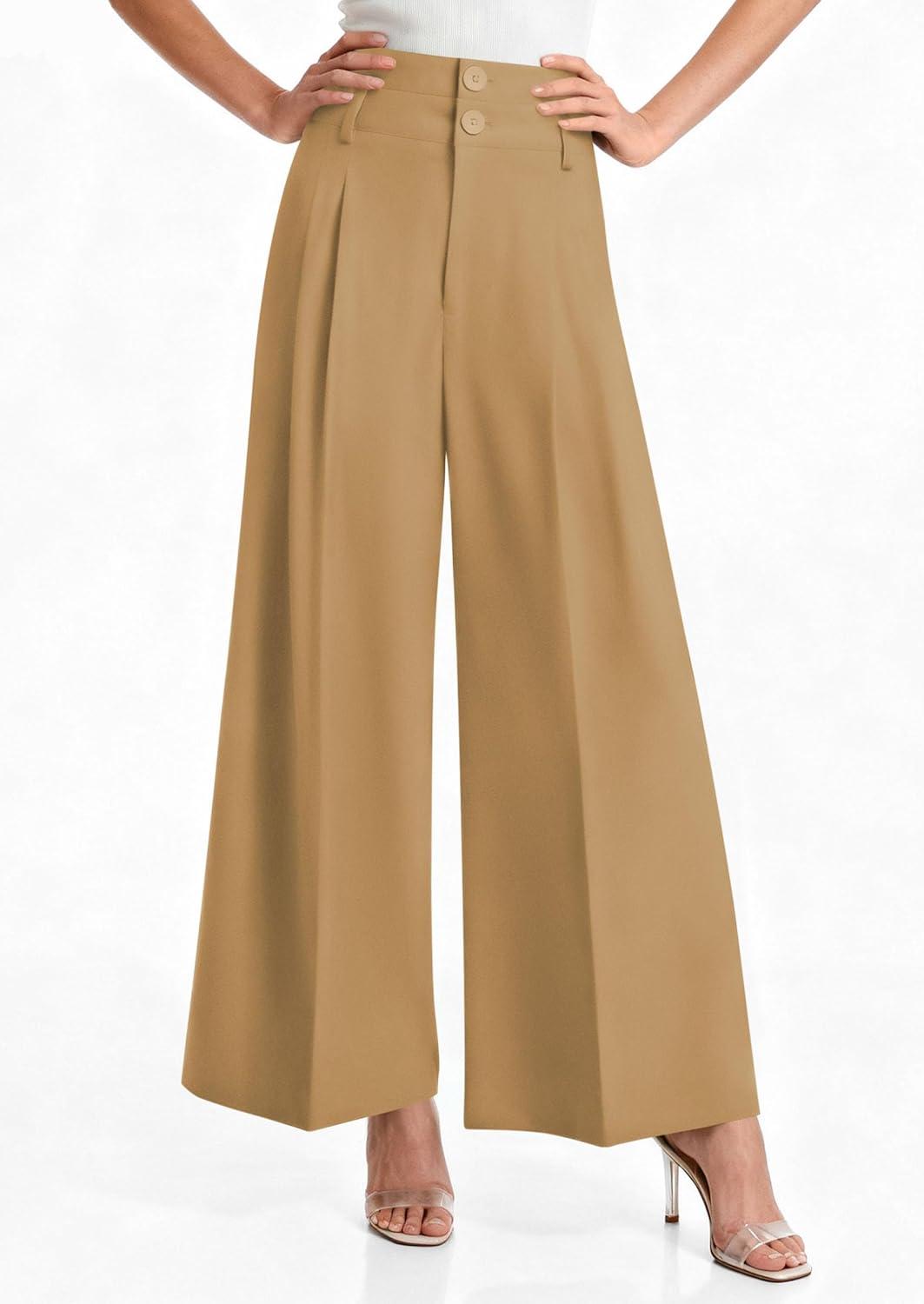 imagePRETTYGARDEN Womens Spring Wide Leg Palazzo Pants 2026 Trendy Loose Button High Waist Pleated Work Business Casual TrousersLight Khaki