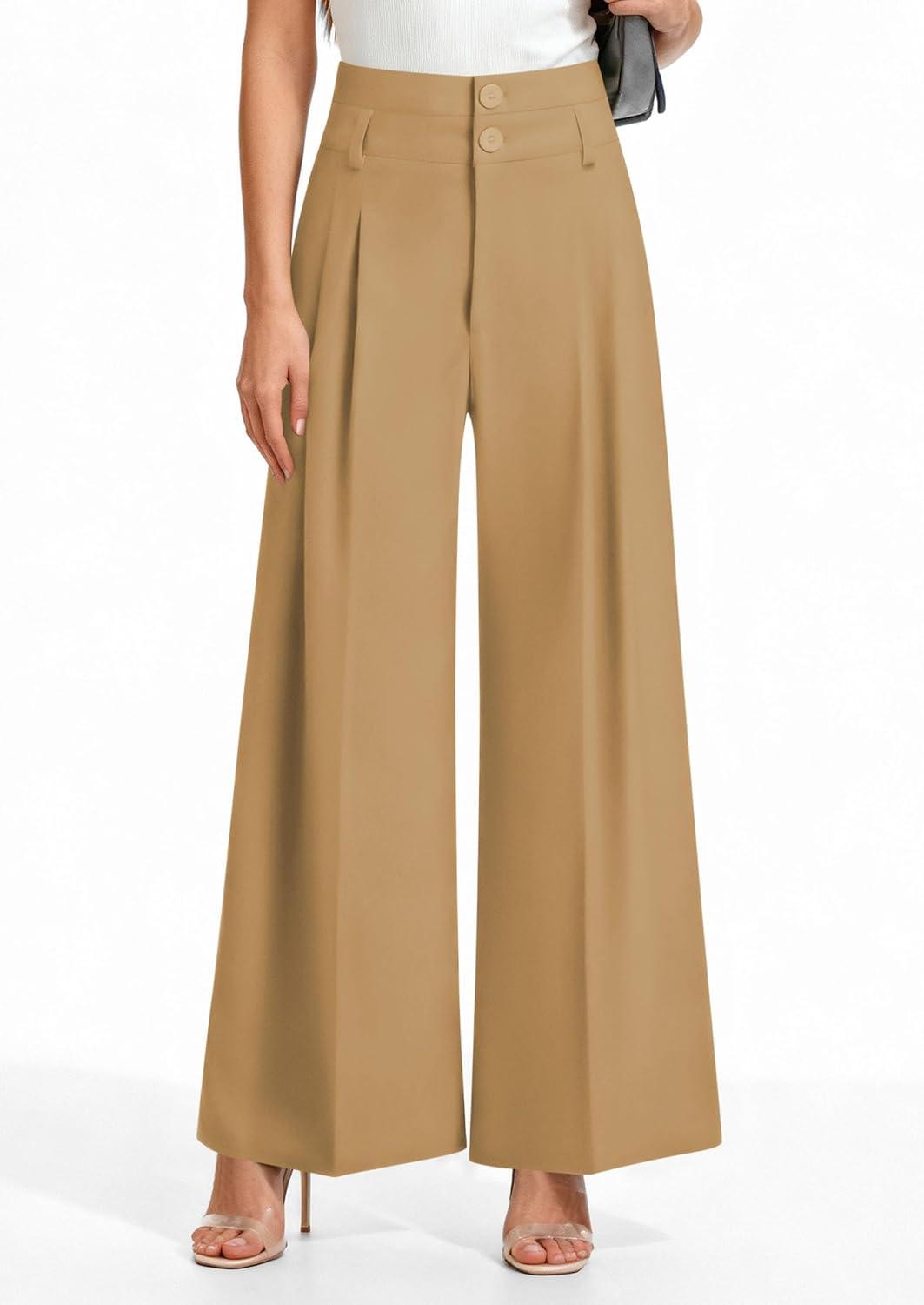 imagePRETTYGARDEN Womens Spring Wide Leg Palazzo Pants 2026 Trendy Loose Button High Waist Pleated Work Business Casual TrousersLight Khaki