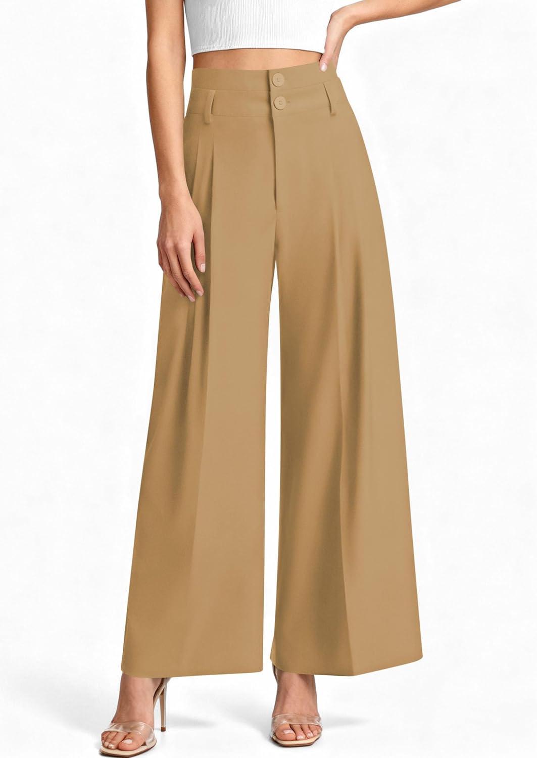 imagePRETTYGARDEN Womens Spring Wide Leg Palazzo Pants 2026 Trendy Loose Button High Waist Pleated Work Business Casual TrousersLight Khaki