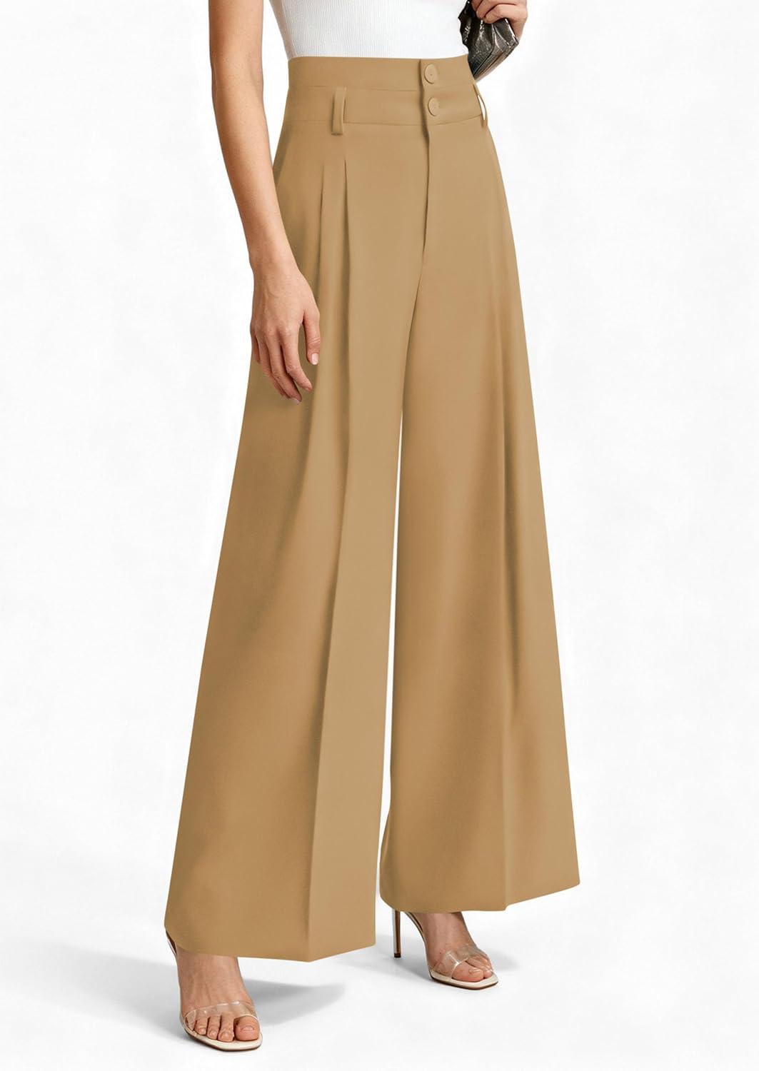imagePRETTYGARDEN Womens Spring Wide Leg Palazzo Pants 2026 Trendy Loose Button High Waist Pleated Work Business Casual TrousersLight Khaki