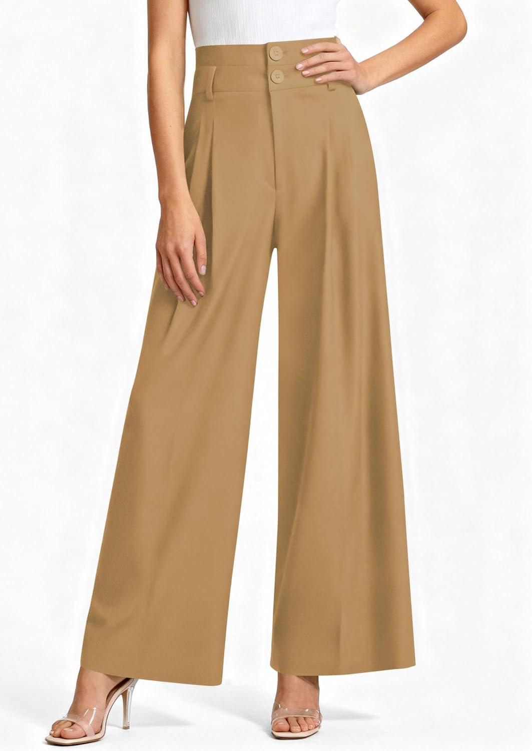 imagePRETTYGARDEN Womens Spring Wide Leg Palazzo Pants 2026 Trendy Loose Button High Waist Pleated Work Business Casual TrousersLight Khaki
