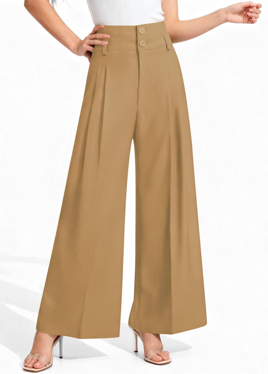 imagePRETTYGARDEN Womens Spring Wide Leg Palazzo Pants 2026 Trendy Loose Button High Waist Pleated Work Business Casual TrousersLight Khaki