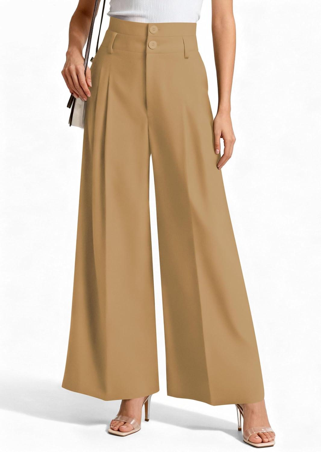 imagePRETTYGARDEN Womens Spring Wide Leg Palazzo Pants 2026 Trendy Loose Button High Waist Pleated Work Business Casual TrousersLight Khaki