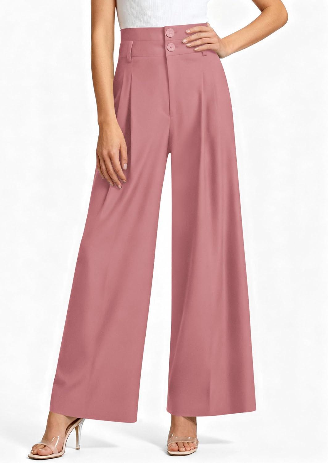 imagePRETTYGARDEN Womens Spring Wide Leg Palazzo Pants 2026 Trendy Loose Button High Waist Pleated Work Business Casual TrousersPink