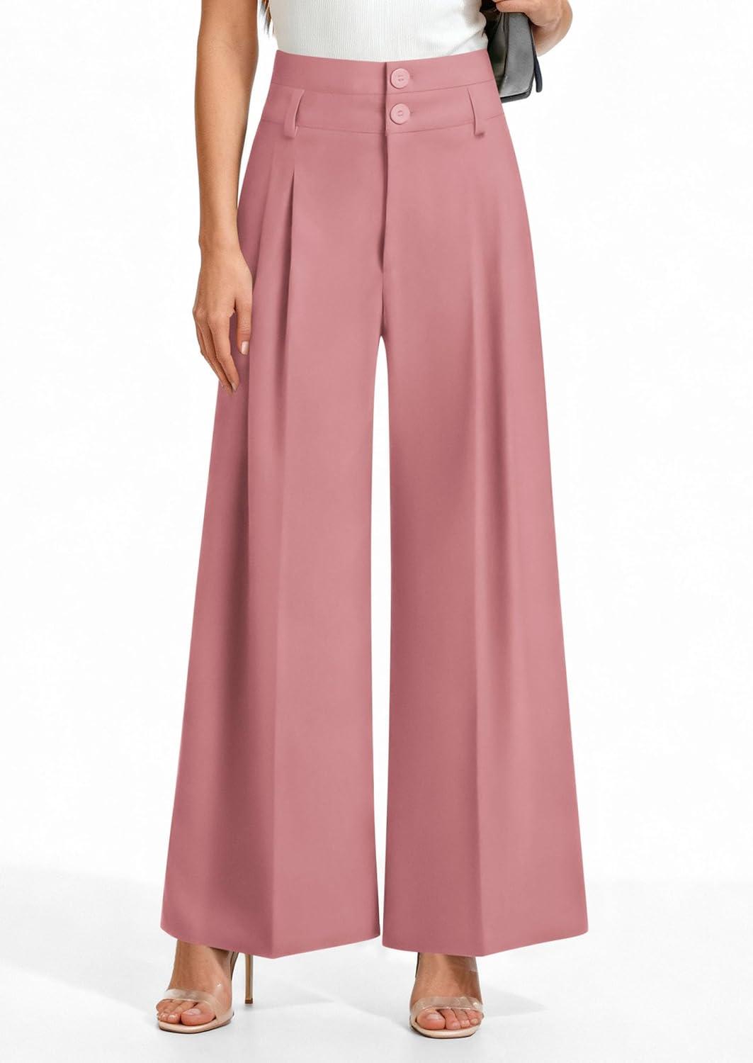 imagePRETTYGARDEN Womens Spring Wide Leg Palazzo Pants 2026 Trendy Loose Button High Waist Pleated Work Business Casual TrousersPink