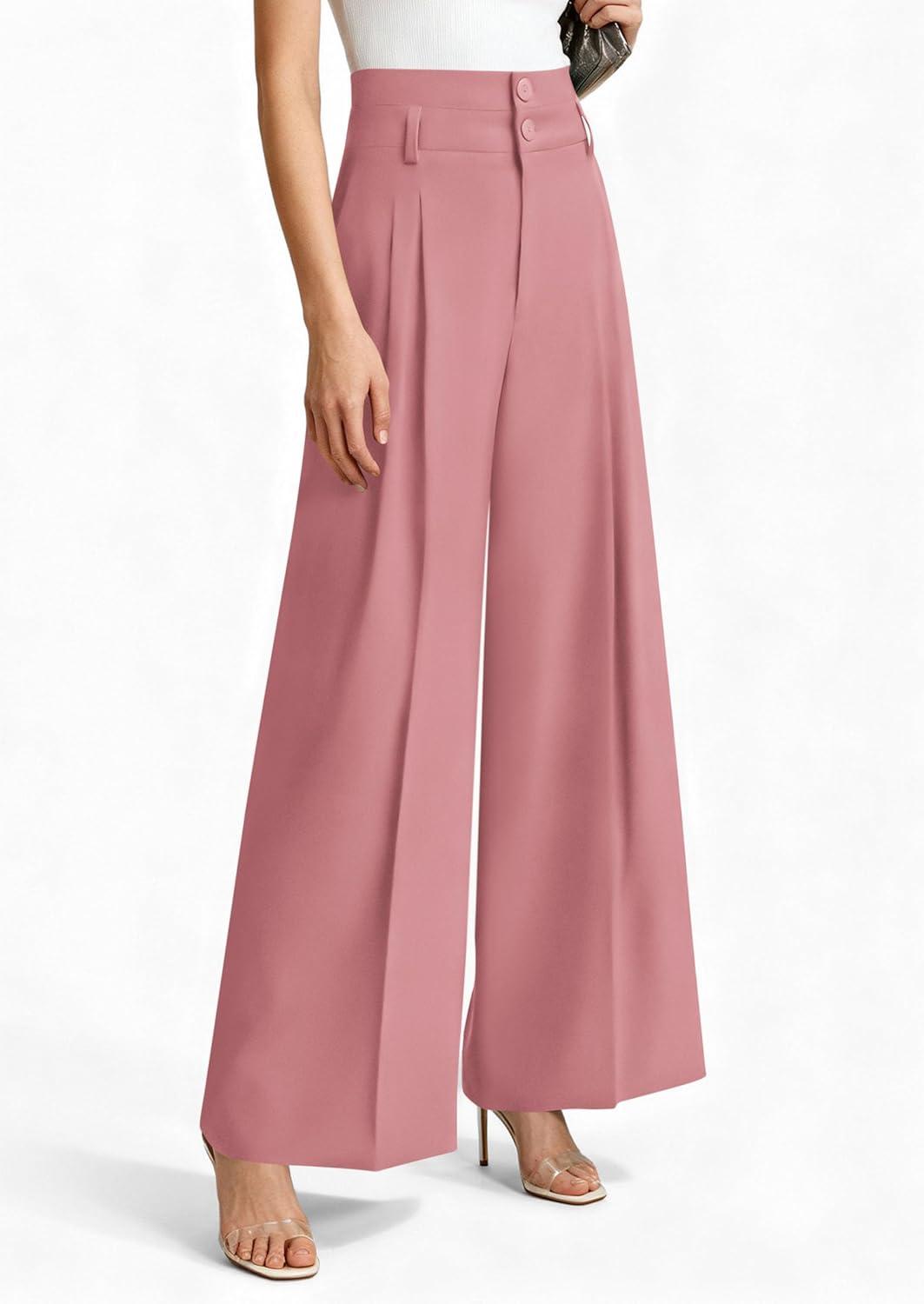 imagePRETTYGARDEN Womens Spring Wide Leg Palazzo Pants 2026 Trendy Loose Button High Waist Pleated Work Business Casual TrousersPink