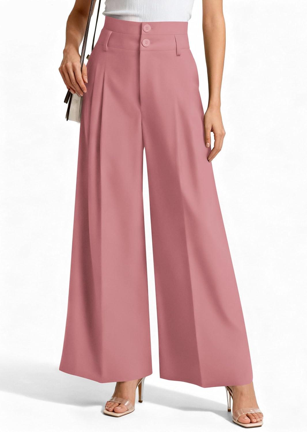 imagePRETTYGARDEN Womens Spring Wide Leg Palazzo Pants 2026 Trendy Loose Button High Waist Pleated Work Business Casual TrousersPink