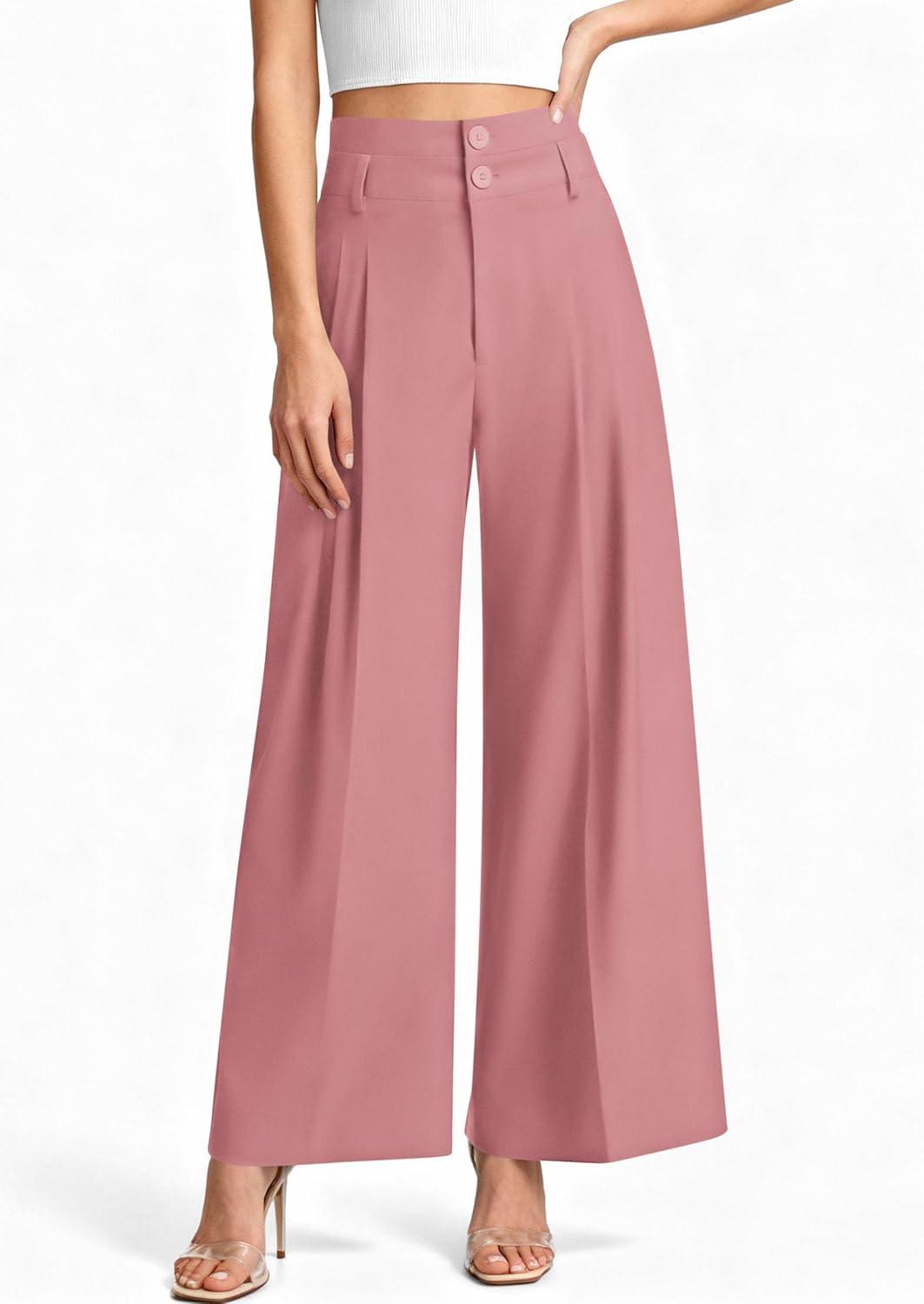 imagePRETTYGARDEN Womens Spring Wide Leg Palazzo Pants 2026 Trendy Loose Button High Waist Pleated Work Business Casual TrousersPink