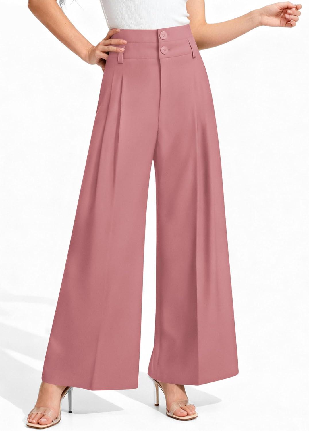 imagePRETTYGARDEN Womens Spring Wide Leg Palazzo Pants 2026 Trendy Loose Button High Waist Pleated Work Business Casual TrousersPink