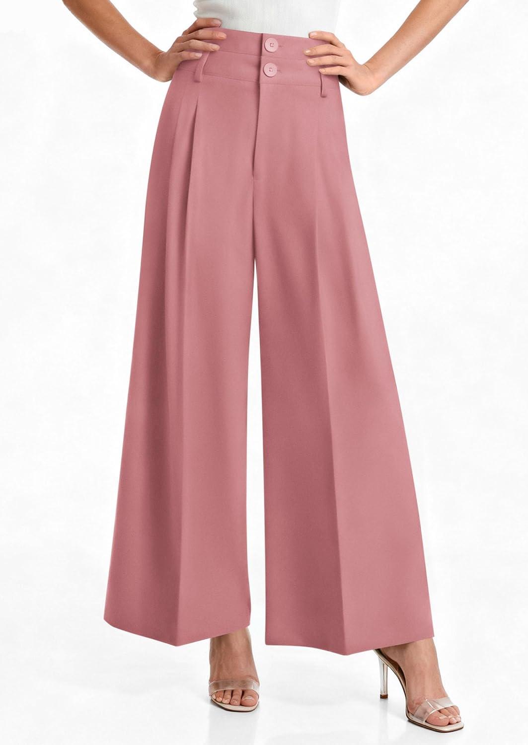 imagePRETTYGARDEN Womens Spring Wide Leg Palazzo Pants 2026 Trendy Loose Button High Waist Pleated Work Business Casual TrousersPink