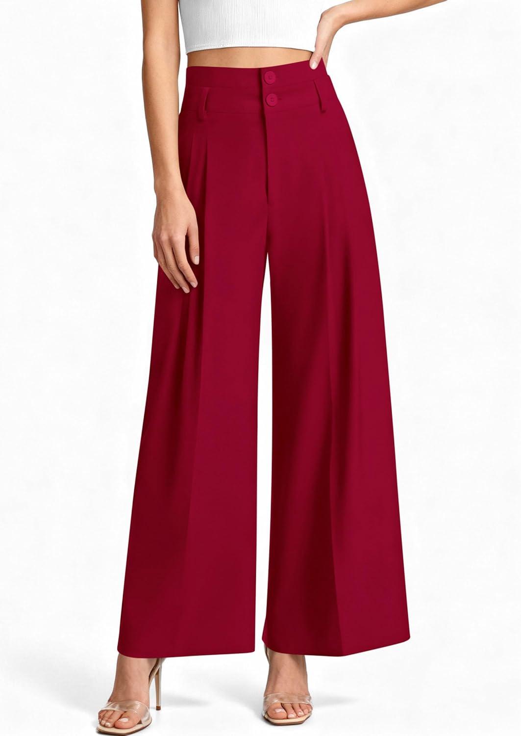 imagePRETTYGARDEN Womens Spring Wide Leg Palazzo Pants 2026 Trendy Loose Button High Waist Pleated Work Business Casual TrousersRed