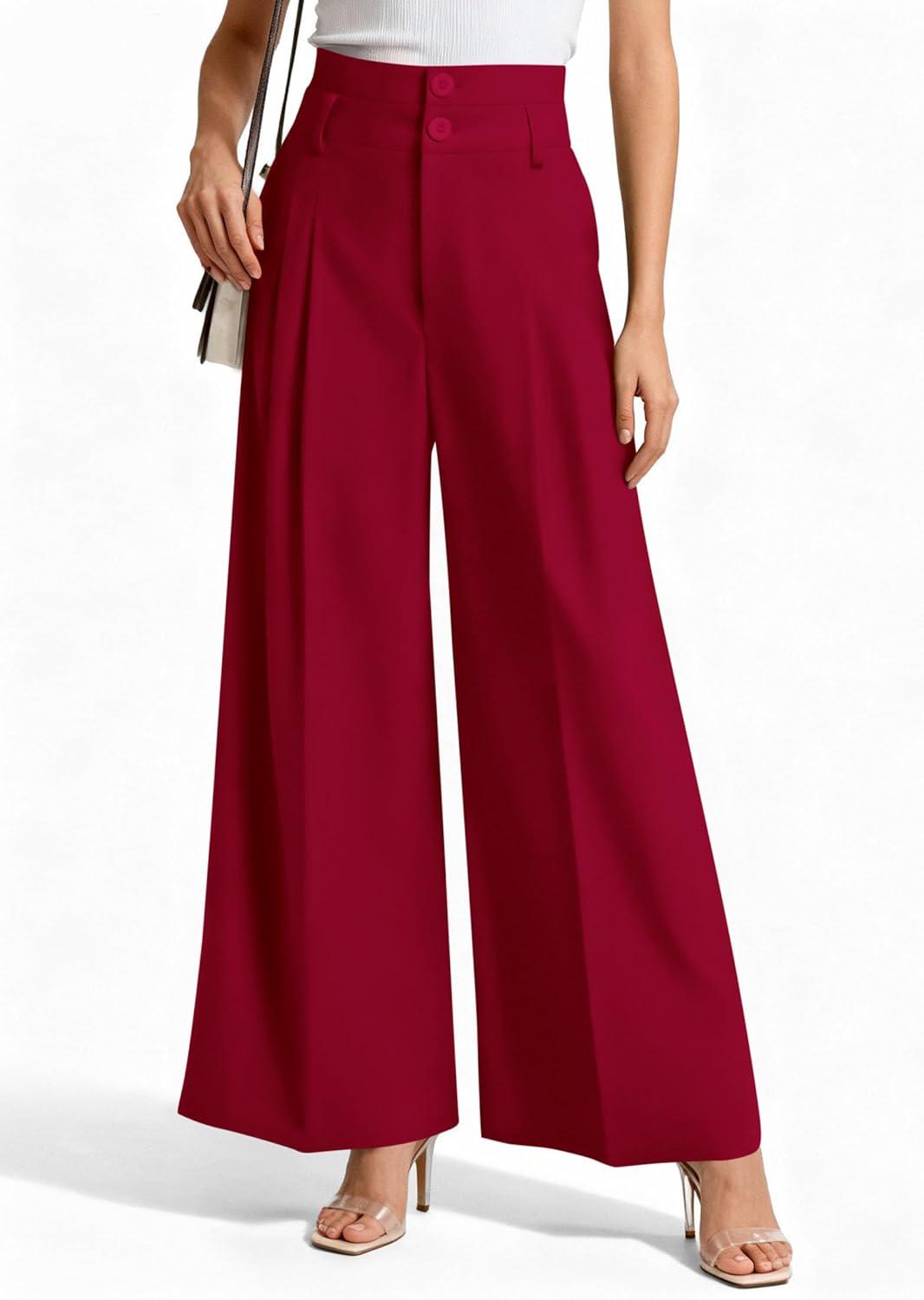 imagePRETTYGARDEN Womens Spring Wide Leg Palazzo Pants 2026 Trendy Loose Button High Waist Pleated Work Business Casual TrousersRed