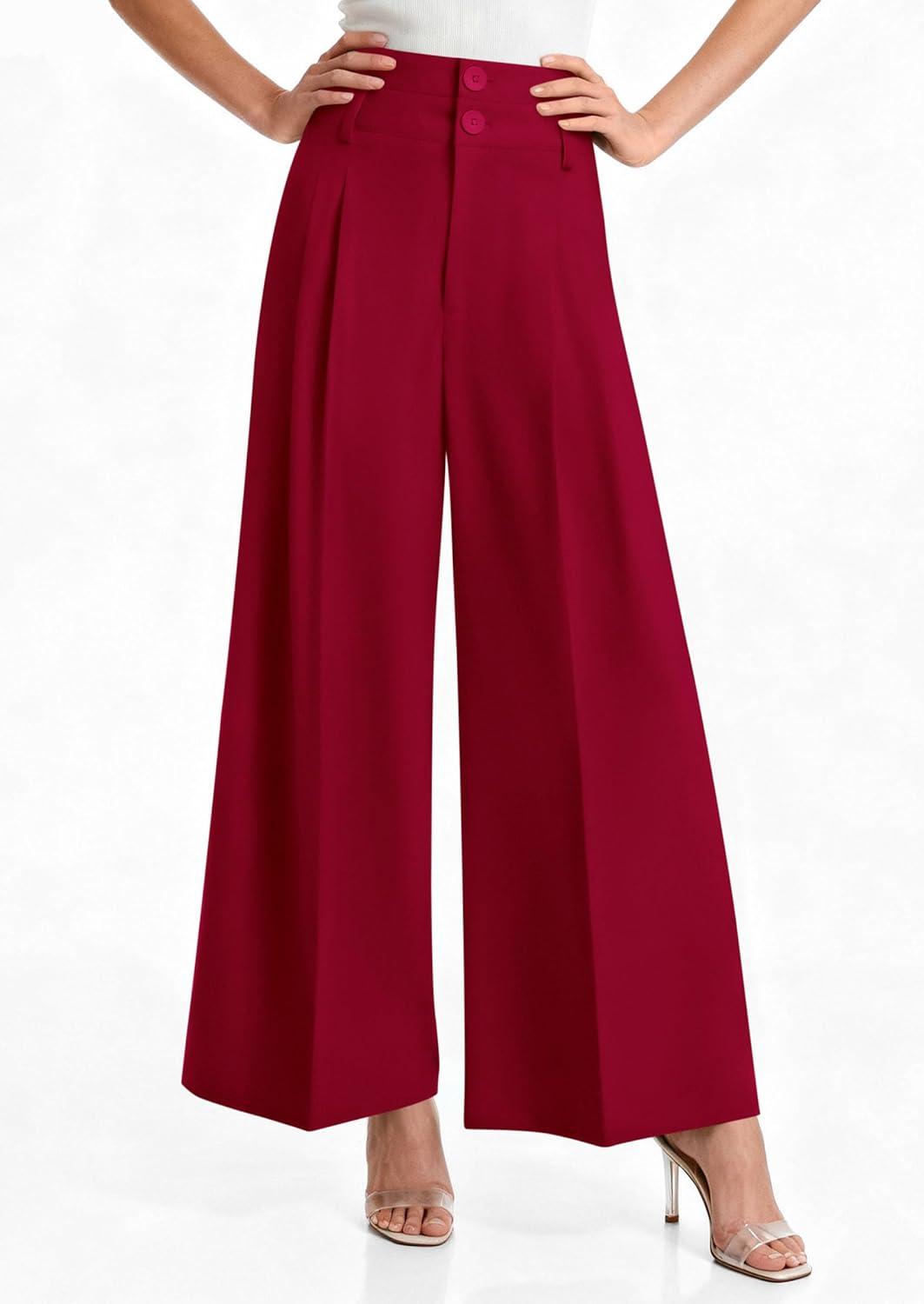 imagePRETTYGARDEN Womens Spring Wide Leg Palazzo Pants 2026 Trendy Loose Button High Waist Pleated Work Business Casual TrousersRed