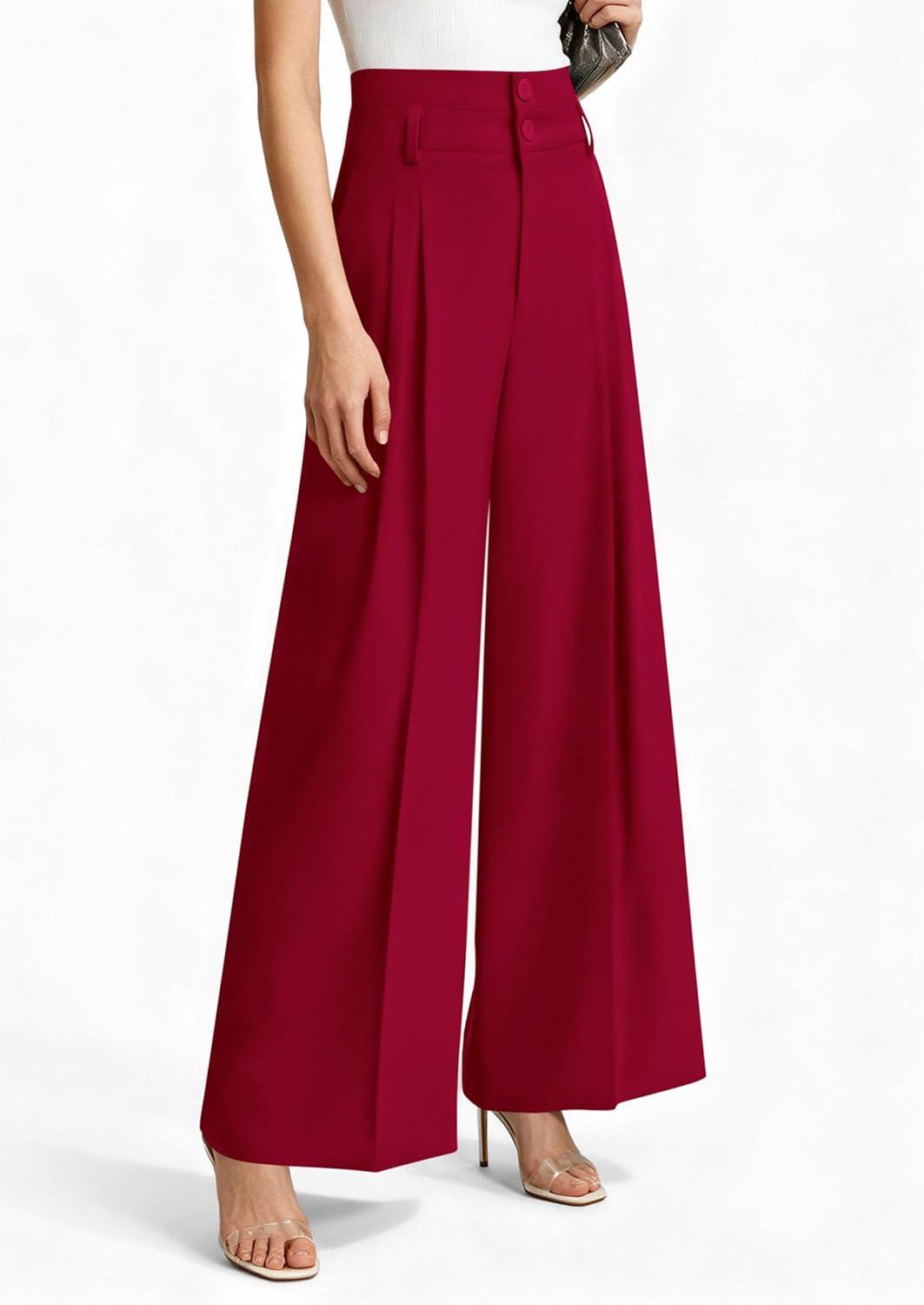 imagePRETTYGARDEN Womens Spring Wide Leg Palazzo Pants 2026 Trendy Loose Button High Waist Pleated Work Business Casual TrousersRed