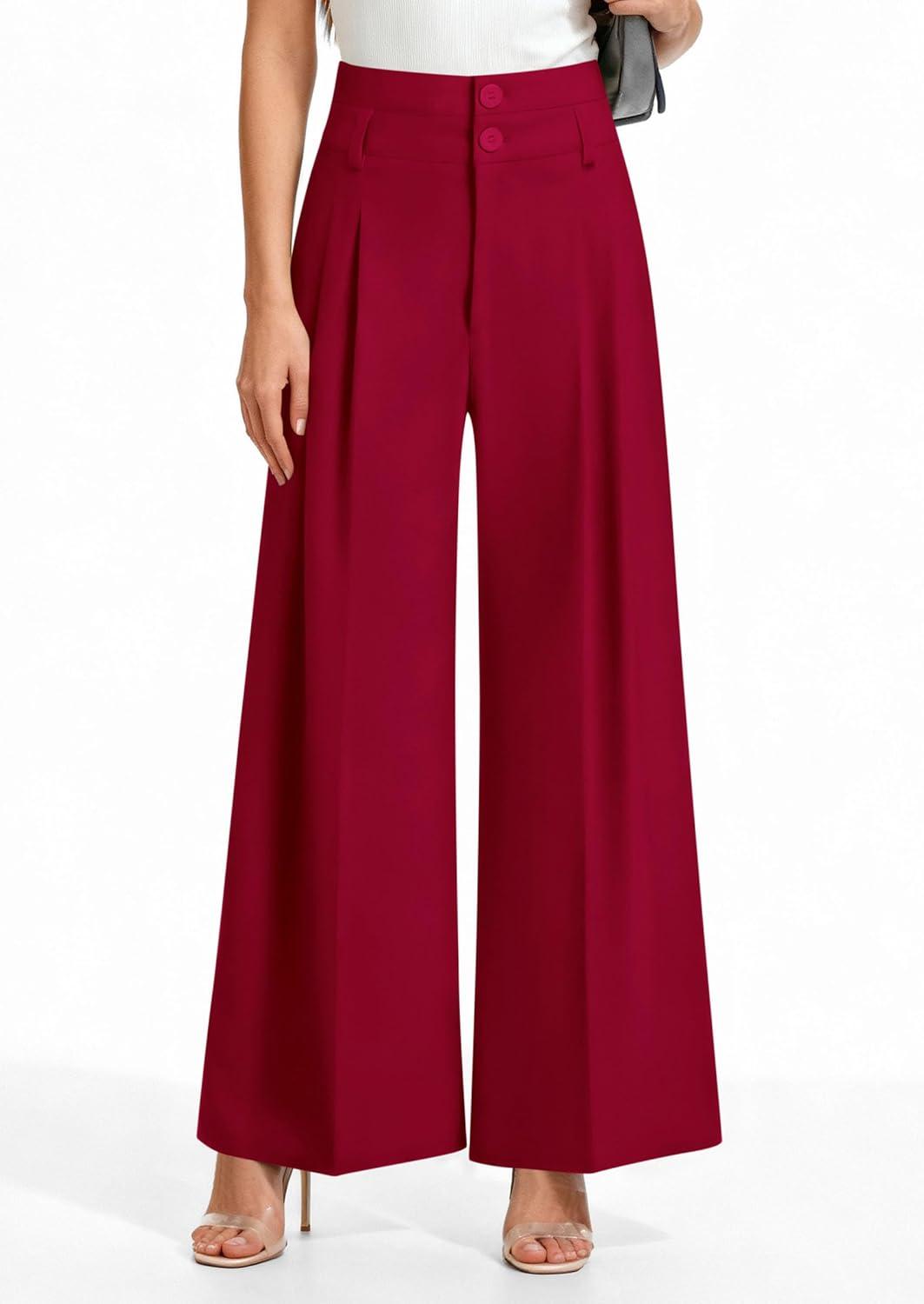 imagePRETTYGARDEN Womens Spring Wide Leg Palazzo Pants 2026 Trendy Loose Button High Waist Pleated Work Business Casual TrousersRed