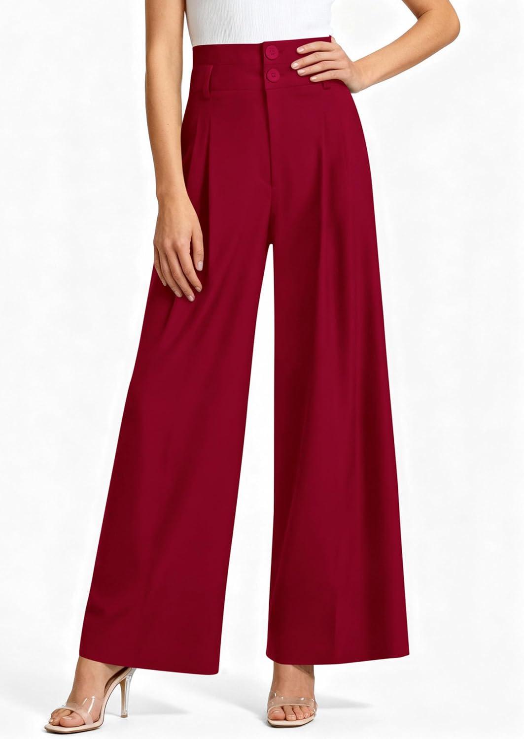 imagePRETTYGARDEN Womens Spring Wide Leg Palazzo Pants 2026 Trendy Loose Button High Waist Pleated Work Business Casual TrousersRed