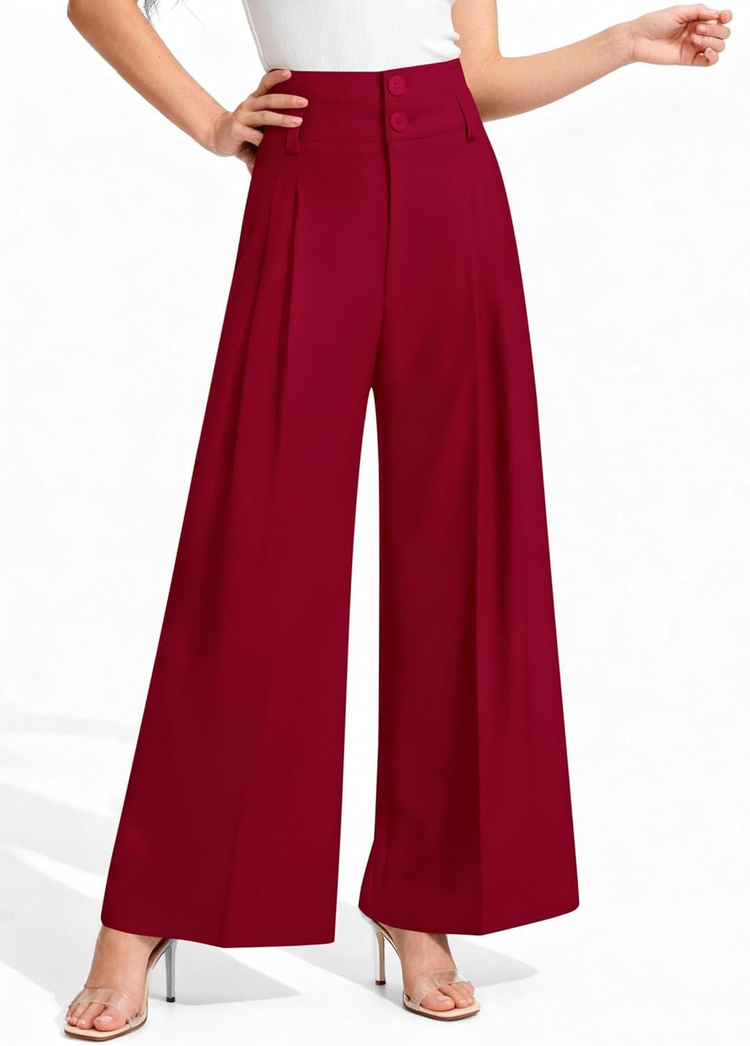 imagePRETTYGARDEN Womens Spring Wide Leg Palazzo Pants 2026 Trendy Loose Button High Waist Pleated Work Business Casual TrousersRed