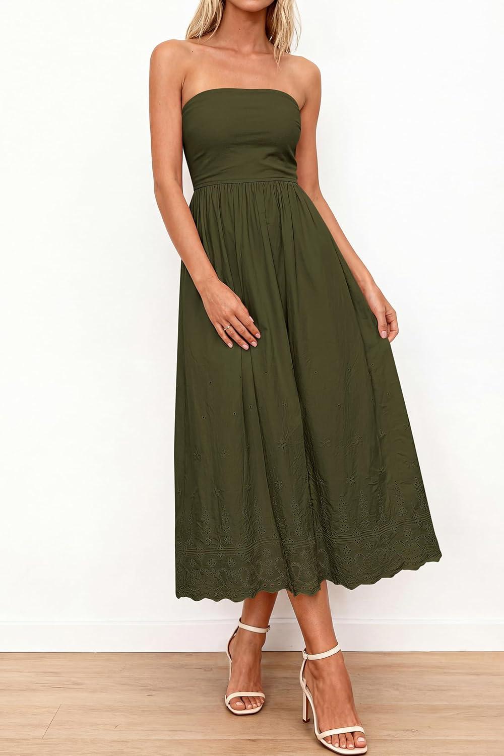 imagePRETTYGARDEN Womens Summer Dresses 2026 Sexy Sleeveless Tube Top Long Dress Eyelet Cotton Maxi Beach Sundress PocketsArmy Green