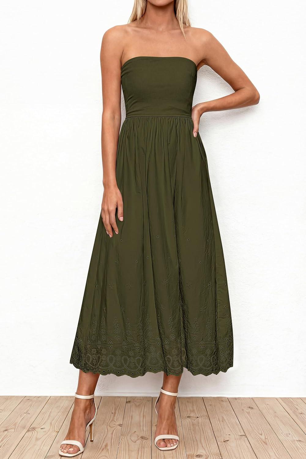 imagePRETTYGARDEN Womens Summer Dresses 2026 Sexy Sleeveless Tube Top Long Dress Eyelet Cotton Maxi Beach Sundress PocketsArmy Green